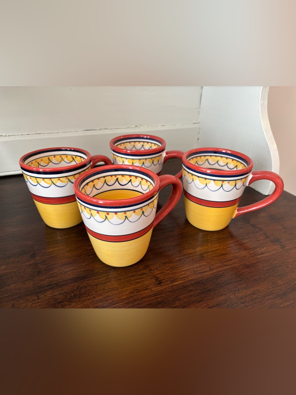Pier 1 Del Sol Hand Painted Earthenware Yellow Coffee Tea Mugs Set of 4